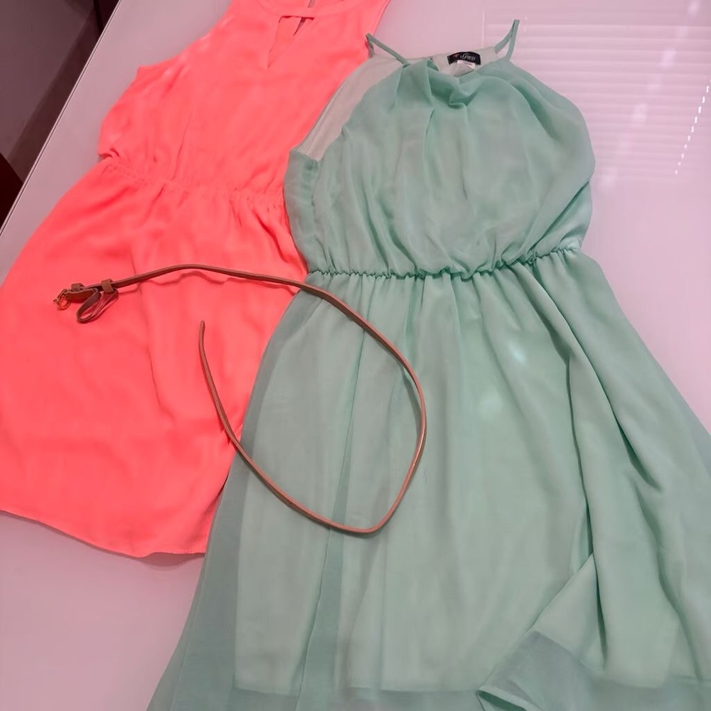 Neon Orange Lime Green Summer Chiffon Belt Dresses XS T4
